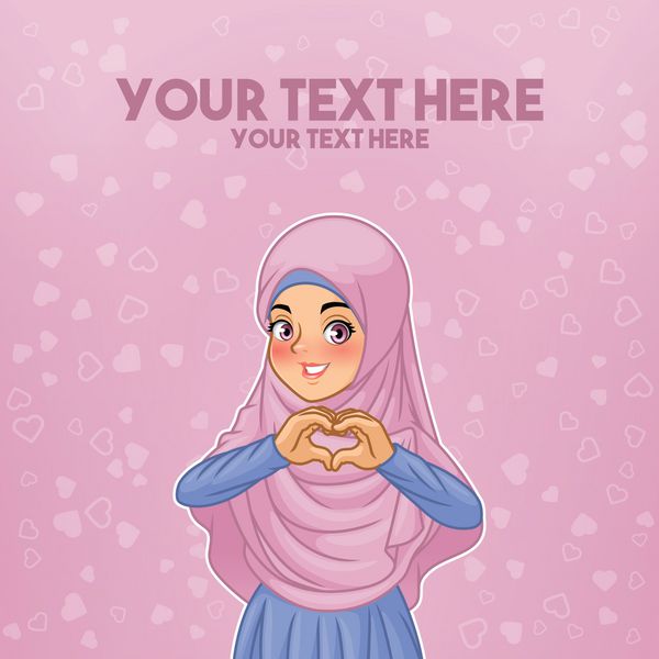 زن جوان مسلمان با حجاب حجاب شکل قلب با دست خود طراحی کارتون شخصیت در مقابل پس زمینه بنفش تصویر برداری