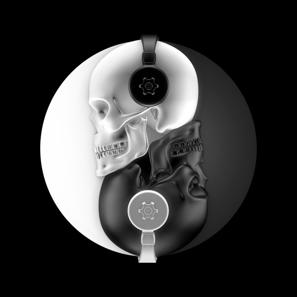 هماهنگی جمجمه هدفون تصویر 3D از جمجمه سیاه و سفید با هدفون شکل نماد یین یانگ