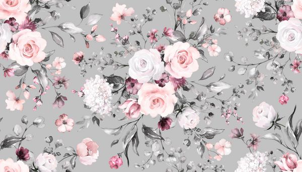 الگوی بدون درز با گل و برگ های بهار پس زمینه دست کشیده شده الگوی گلدار برای کاغذ دیواری یا پارچه گل رز کاشی گیاهی
