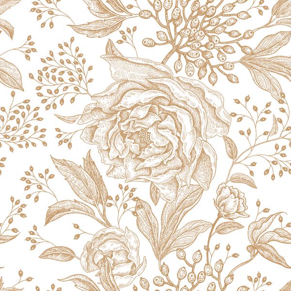پیوندها و گل سرخ الگوی گل بدون درز گل گل طلایی برگ شاخه و انواع توت ها بر روی زمینه سفید سبک شرقی تصویر برداری برای منسوجات طراحی کاغذ کاغذ دیواری