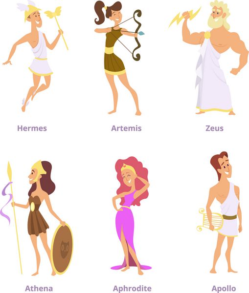 خدایان باستانی یونان مجموعه شخصیت های کارتونی مرد و زن آبرنگ و آرم گرافیک آرم گرافیک آفرودیت و آتنا زئوس و هرمس