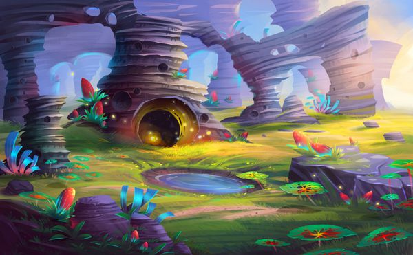 بیگانه سیاره کوه و غار با سبک عکس واقعی و مربوط به اینده بازی های ویدئویی دیجیتال CG هنرمندان مفهوم تصویر واقعی کارتون سبک طراحی صحنه