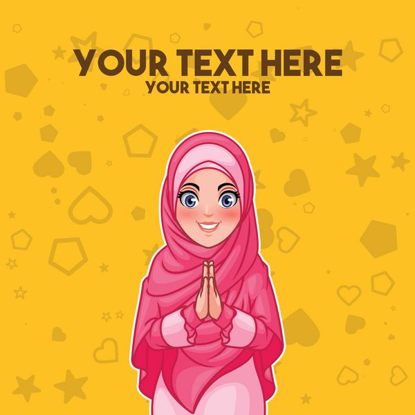 زن جوان مسلمان با حجاب حجاب لبخند با نشانه خوشامدگویی دست با هم طراحی شخصیت کارتونی در برابر پس زمینه زرد تصویر برداری بردار
