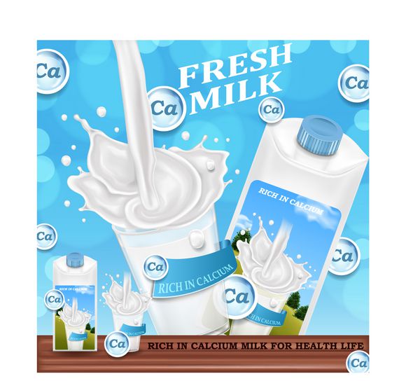 شیر تازه تصویر برداری واقعی با بطری بسته و شیشه ای