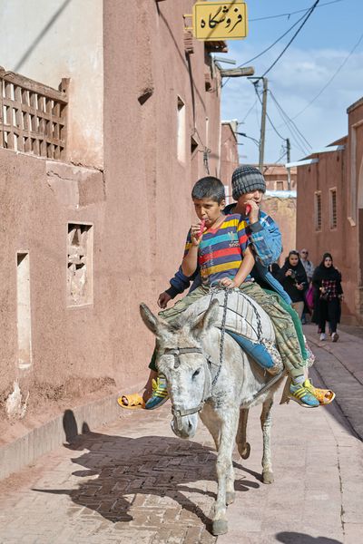 ابنیه ایران April 26 2017 دو پسر ایرانی در یک خر از طریق یک خیابان باریک در روستای سنتی کوه ها سوار بر یک خر است