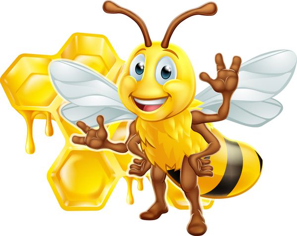 یک زنبور عسل تلخ شخصیت کارتونی ناز با لانه زنبوری و چکش عسل در پس زمینه