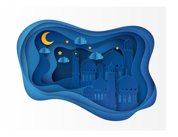 مسطح کاغذ 3D یکپارچهسازی با سیستمعامل کارت پستال رمضان کریم با مسجد اریگامی عربی امواج ابرها ستارگان ماه ماه مقدس مسلمان پس زمینه بردار جشن راموند