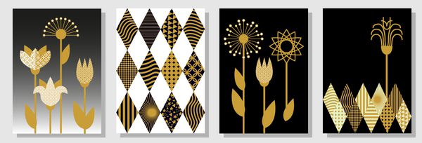 مجموعه ای از پوشش های A4 سیاه سفید و طلایی الگوی روبو پس زمینه با عناصر هندسی گل انتزاعی بهار قالب کارت آگهی ها پوستر طراحی مینیمالیسم جدید