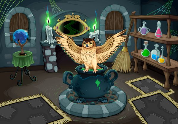 اتاق جادوگر با جغد تصویر برداری کارتونی برای هالووین و بازی ها