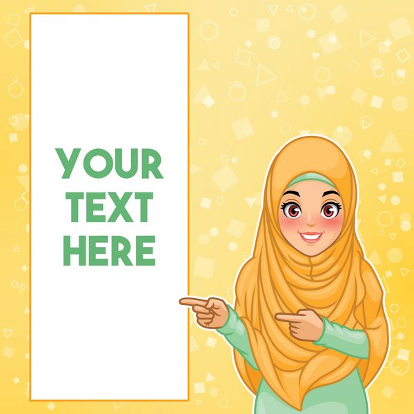 زن جوان مسلمان با حجاب حجاب با اشاره انگشت به سمت راست در فضای کپی طراحی شخصیت کارتونی در برابر پس زمینه زرد تصویر برداری بردار