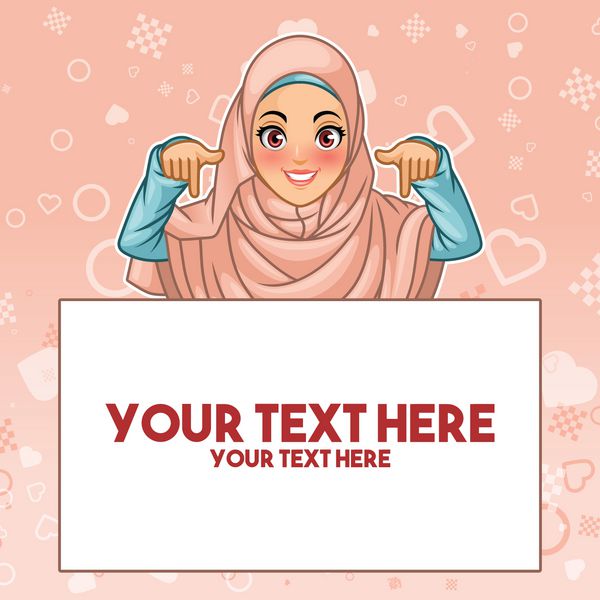 زن جوان مسلمان با حجاب حجاب با انگشت اشاره در فضای کپی طراحی شخصیت کارتونی در برابر پس زمینه صورتی تصویر برداری بردار