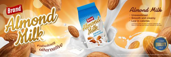 تبلیغات شیر ​​بادام با مایع اسپری و دانه در اطراف ظرف کارتن در تصویر 3d
