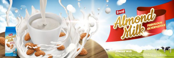 تبلیغات شیر ​​بادام با اثر پاشش بر روی میز چوبی در تصویر 3d پس زمینه مزرعه بوکه
