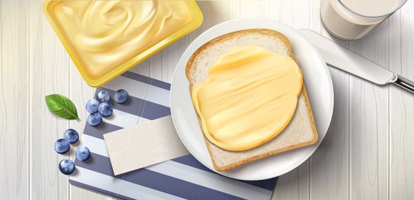 کره گسترش نان صبحانه خوشمزه با کره خوری و شیر در تصویر 3d نمایش بالا