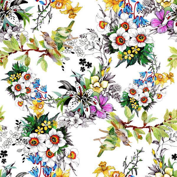 الگوی بدون درز آبرنگ با گل های رنگارنگ زیبا و پرندگان در زمینه سفید