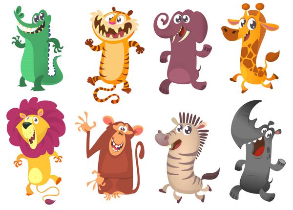 مجموعه حیوانات آفریقایی کارتون گرمسیری مجموعه ای بزرگ از حیوانات جنگل کارتون صاف تصویر کلمبیا تمساح ببر فیل زرافه شیر شامپانزه میمون گورخر و راینو