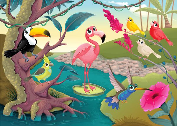 گروه پرندگان گرمسیری خنده دار در جنگل تصویر برداری کارتونی