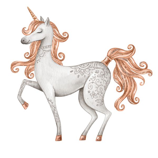 آبرنگ یکپارچه سازی موجودی افسانه ای طلای مو طلایی حیوانات تصویری جادویی جدا شده بر روی زمینه سفید