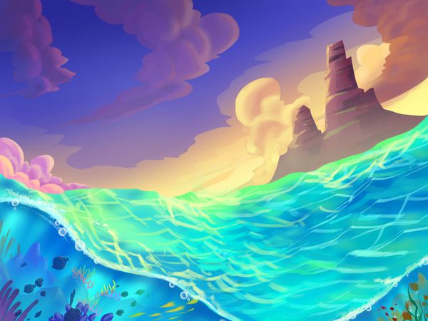 دریا در روز آفتابی با سبک عکس واقعی و مربوط به اینده بازی های ویدئویی دیجیتال CG هنرمندان مفهوم تصویر واقعی کارتون سبک طراحی صحنه