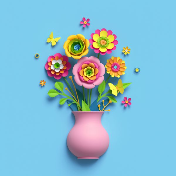 رندر 3D گل کاغذ های تزئینی گلدان صورتی دسته گل گل آرایش گیاه شناسی رنگ های آبنبات روشن طبیعت هنر کلیپ جدا شده در پس زمینه آبی رنگ کارت پستال قالب