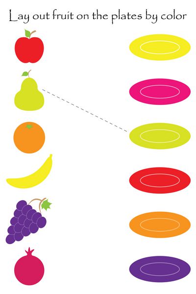 میوه های رنگارنگ را در قالب کارتونی بر روی صفحات رنگی برای بچه ها فعالیت فعالیت صفحات پیش دبستانی برای بچه ها وظیفه برای توسعه تفکر منطقی تصویر برداری بردار