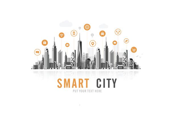 شهر هوشمند با سرویس های هوشمند و آیکون ها اینترنت چیزها شبکه ها طراحی تجاری تجاری کسب و کار و تقویت واقعیت