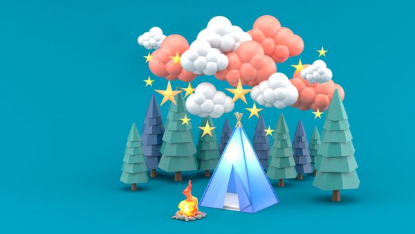 چادر آبی در جنگل های کاج احاطه شده توسط ابرها و ستاره 3d رندر