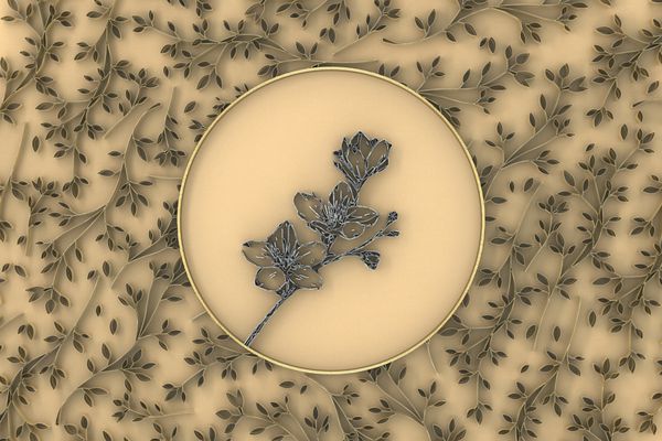 گل کاغذ بژ در پس زمینه گل با یک شاخه شکوفه تصویر 3D