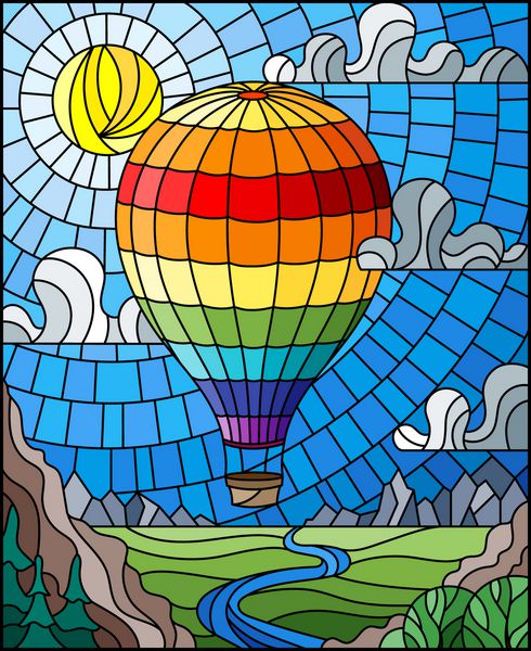 تصویر در سبک شیشه ای رنگارنگ با یک بالون هواپیما رنگین کمان پرواز بیش از یک دشت با رودخانه در پس زمینه کوه ها آسمان ابری و خورشید