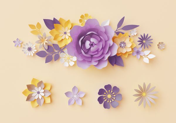 رندر 3d گل گلدوزی کاغذ پاستل عناصر طراحی گیاه شناسی کلیپ هنری جدا شده گل دکوراسیون دکوراسیون مهد کودک گل رز صورتی گل صدف بنفش دیزی زرد برگ