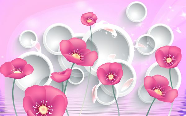 گل های 3D صورتی در محافل سفید تصویر پس زمینه برای دیوار رندر 3d