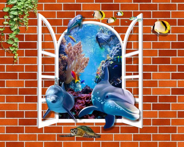دیوار آجری 3D با دلفین ها از پنجره