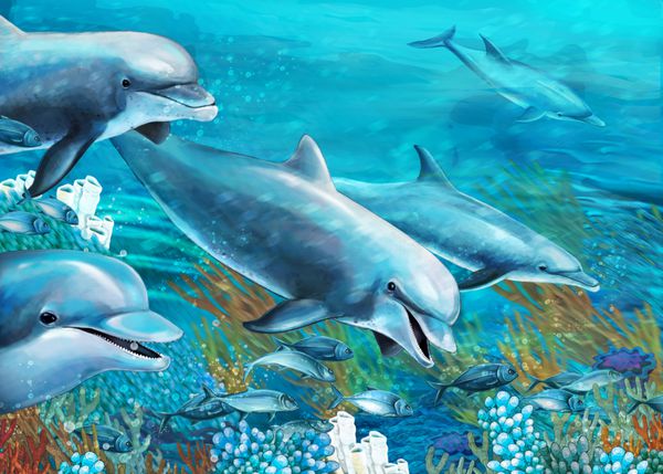 تصویر زیر آب دلفین ها مرجان قرمز طراحی برای کودکان