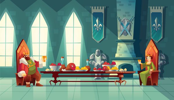 سالن بردار بردار با شاه و ملکه خوردن ناهار میز غذا با غذا مهمانی داخل سالن سلطنتی با تاج و تخت برای بانوان لوکس مبلمان کارتون در قصر قرون وسطی