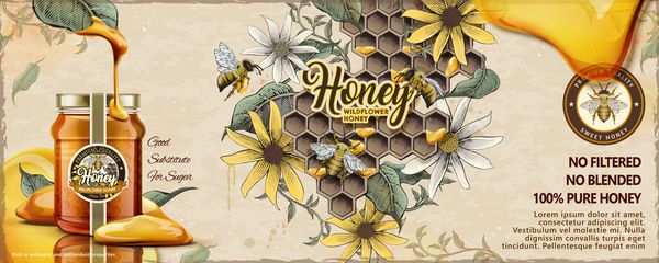 تبلیغات عسل گل وحشی با شیشه 3D شیشه ای پر از شهد در پس زمینه برگ حجاری یکپارچهسازی با سیستمعامل