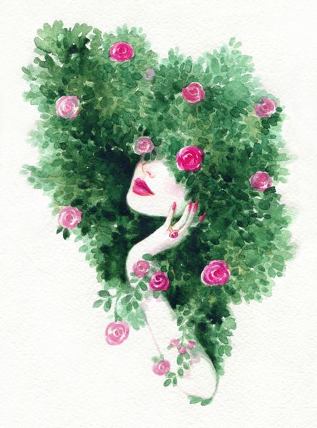 زن زیبا و گل تصویر مد نقاشی آبرنگ