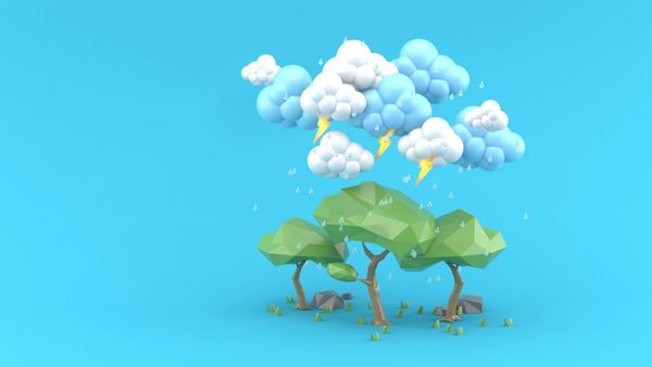 باران در یک درخت بزرگ در یک پس زمینه آبی قرار می گیرد رندر 3d