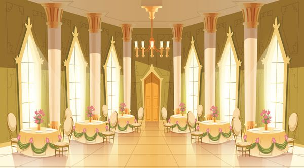 تصویر برداری کارتونی از سالن قلعه سالن برای پذیرای سلطنتی شام یا مهمانی داخلی اتاق بزرگ لوکس با کف لوستر ستون ها جداول در قصر قرون وسطی