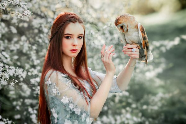 بهار زیبا دختر عاشقانه قرمز مو با لباس آبی توری ایستاده در باغچه شکوفه با جغد رویای مدل جوان به دوربین نگاه کن کار هنری فانتزی