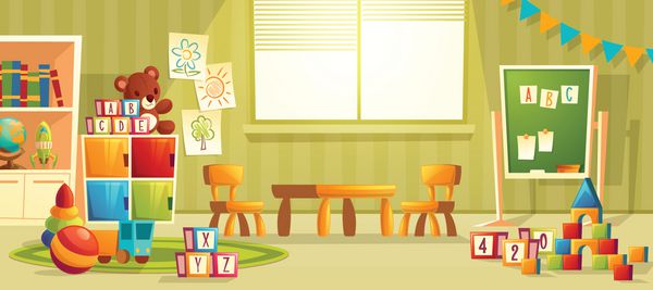 تصویر برداری کارتونی از اتاق مهد کودک خالی با مبلمان و اسباب بازی برای کودکان خردسال مدرسه مهد کودک برای یادگیری بچه ها داخلی مدرن اتاق بازی برای سرگرمی و بازی ها