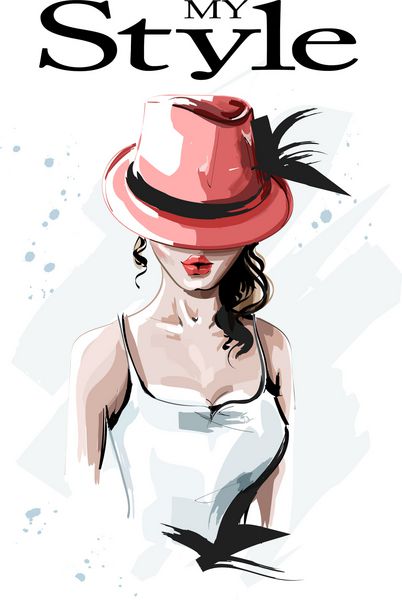 دست کشیده زیبا زن جوان در کلاه قرمز است زن مد با موهای فرفری خانم شیک طرح