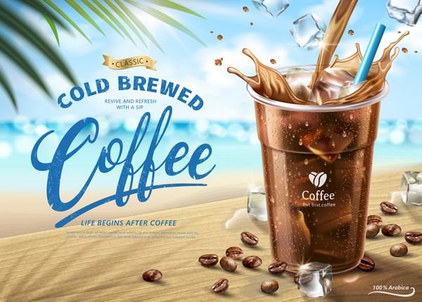 تصاویر قهوه سرد بر روی صحنه ساحل تابستان در تصویر 3d