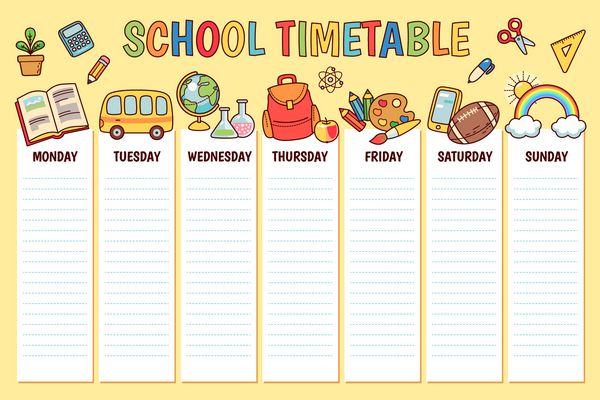 جدول زمانی برای مدرسه ابتدایی قالب هفتگی برنامه ریز با اشیاء مدرسه کارتونی و نمادها در پس زمینه زرد