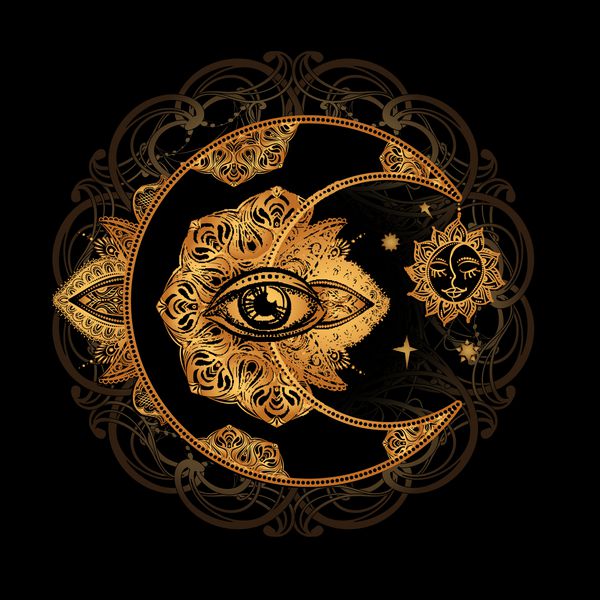 طراحی شیک Boho طلایی ماه و خورشید با عناصر mandala طالع بینی کیمیاگری و سحر و جادو نماد جدا شده بردار تصویر
