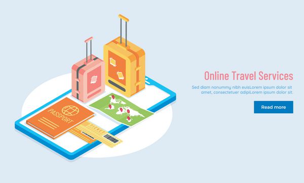 قالب وب سایت یا طراحی صفحه فرود با تصویر سه بعدی از گوشی هوشمند گذرنامه نقشه و کوله پشتی برای مفهوم خدمات مسافرتی آنلاین