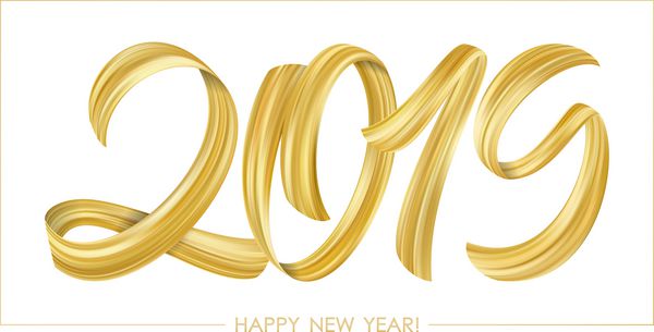 تصویر بردار رنگ طلایی Brushstroke lettering خوشنویسی از 2019 سال نو مبارک در پس زمینه سفید طراحی لوکس
