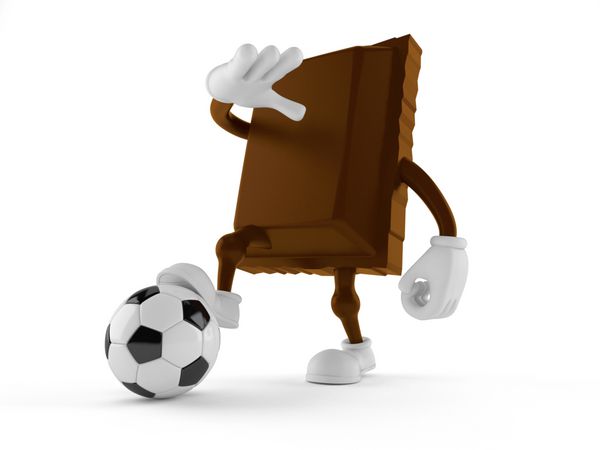 شخصیت شکلات با توپ فوتبال جدا شده بر روی زمینه سفید تصویر 3D