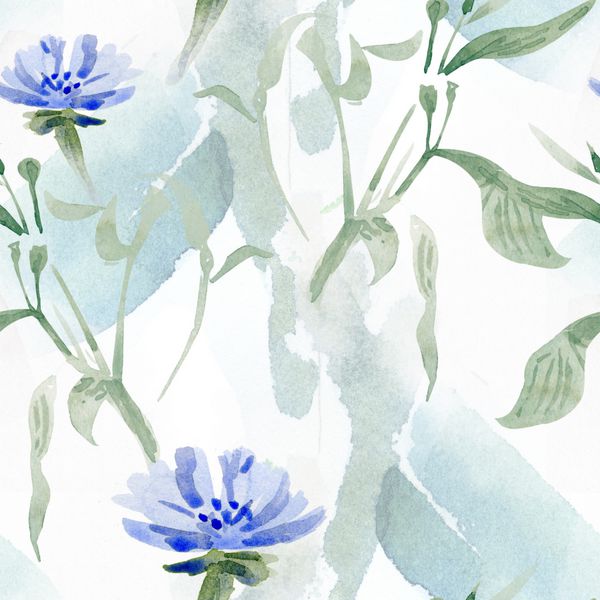 الگوی آبی رنگ بدون درز در رنگ های روشن با گل چیچی گیاه وحشی و سکته مغزی آبی رنگ انتزاعی