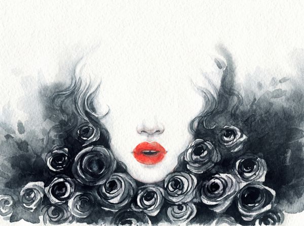 زن زیبا و گل رز تصویر مد نقاشی آبرنگ