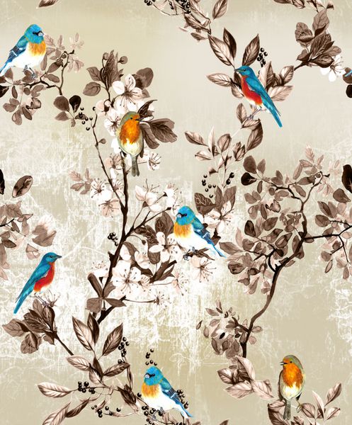 گل های آبرنگ برگ و عناصر نقاشی شده با پرندگان